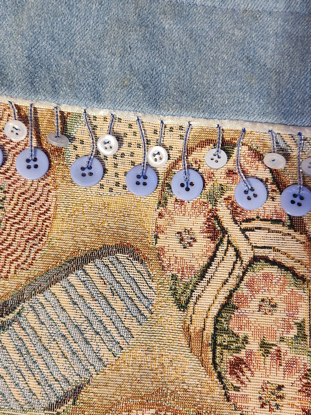 Denim-Trim Floral Tapestry Tote in Light Blue